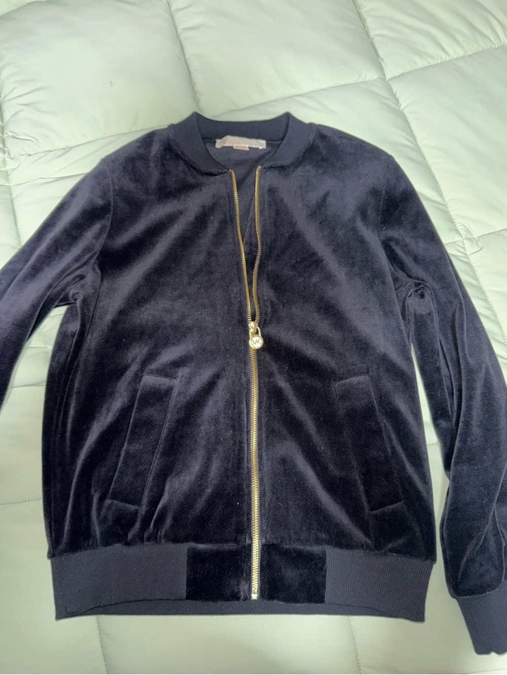 Michael Kors Navy Velvet Bomber Jacket with Gold Zip